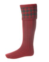 Chessboard Top Shooting Socks - Brick Red with Garters